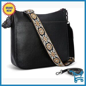 Genuine Leather Crossbody Bag with Guitar Strap, Multi-Pocket Satchel Purse